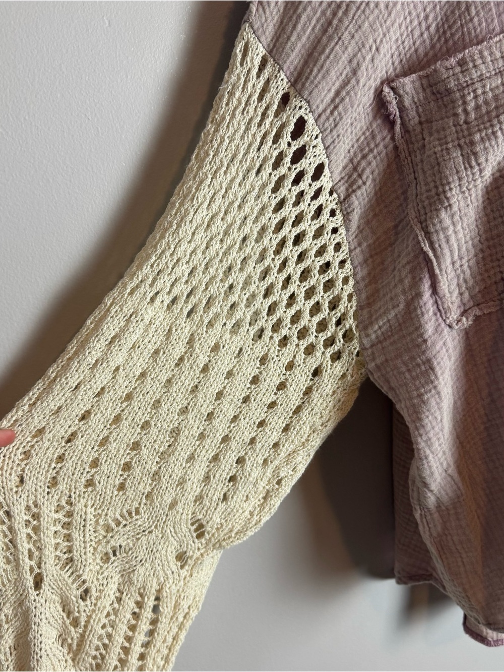 NWT POL Crochet Lantern Drop Sleeve Gauze Distressed Shacket Size Medium - Picture 4 of 13
